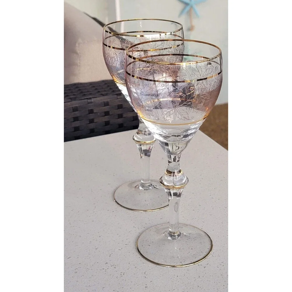 Vintage Crystal Wine Glasses Gold Etched & Banded Stemware Set/2